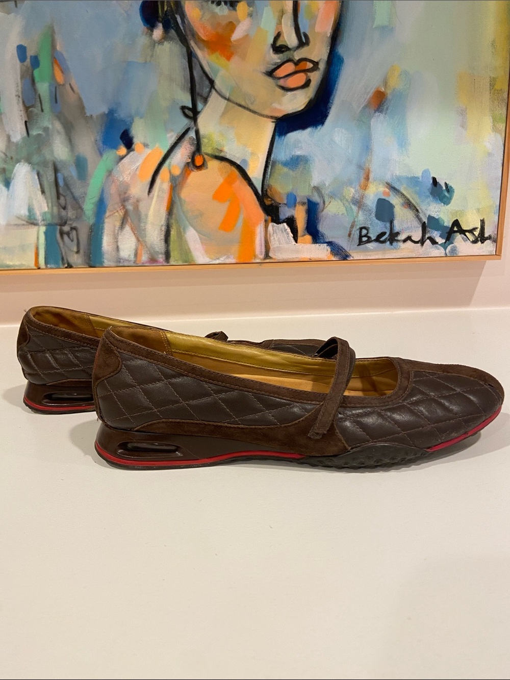 Cole Haan Brown Quilted Mary Jane Flats with Red Accent
